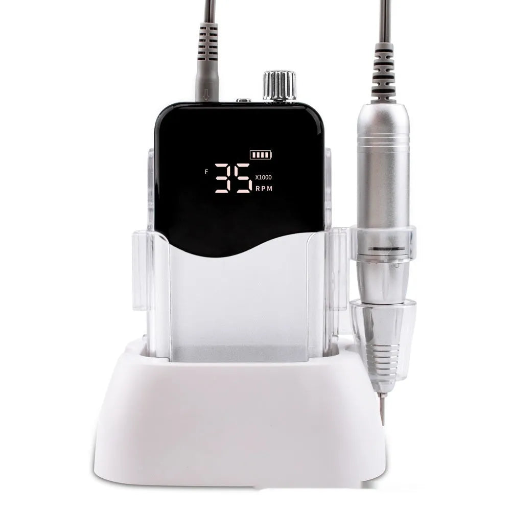 Ail Beauty electric nail grinder with power storage in white plastic body, side view