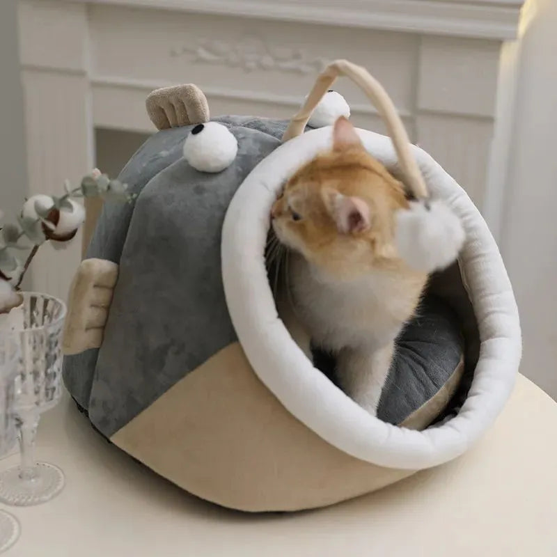 Grey deerskin velvet semi-closed cat house showing interior space and three size options
