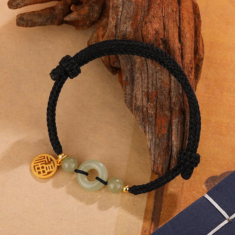 Silver geometric bracelet with Hetian jade peace buckle and black leather cord for card carrying