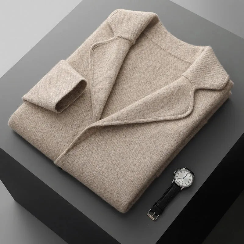 Lapel men's solid colour cashmere cardigan sweater with a loose fit and thickening knit.