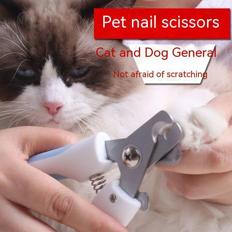 Pet nail scissors with stainless steel cutter head and curved handle in blue or pink, small or large size