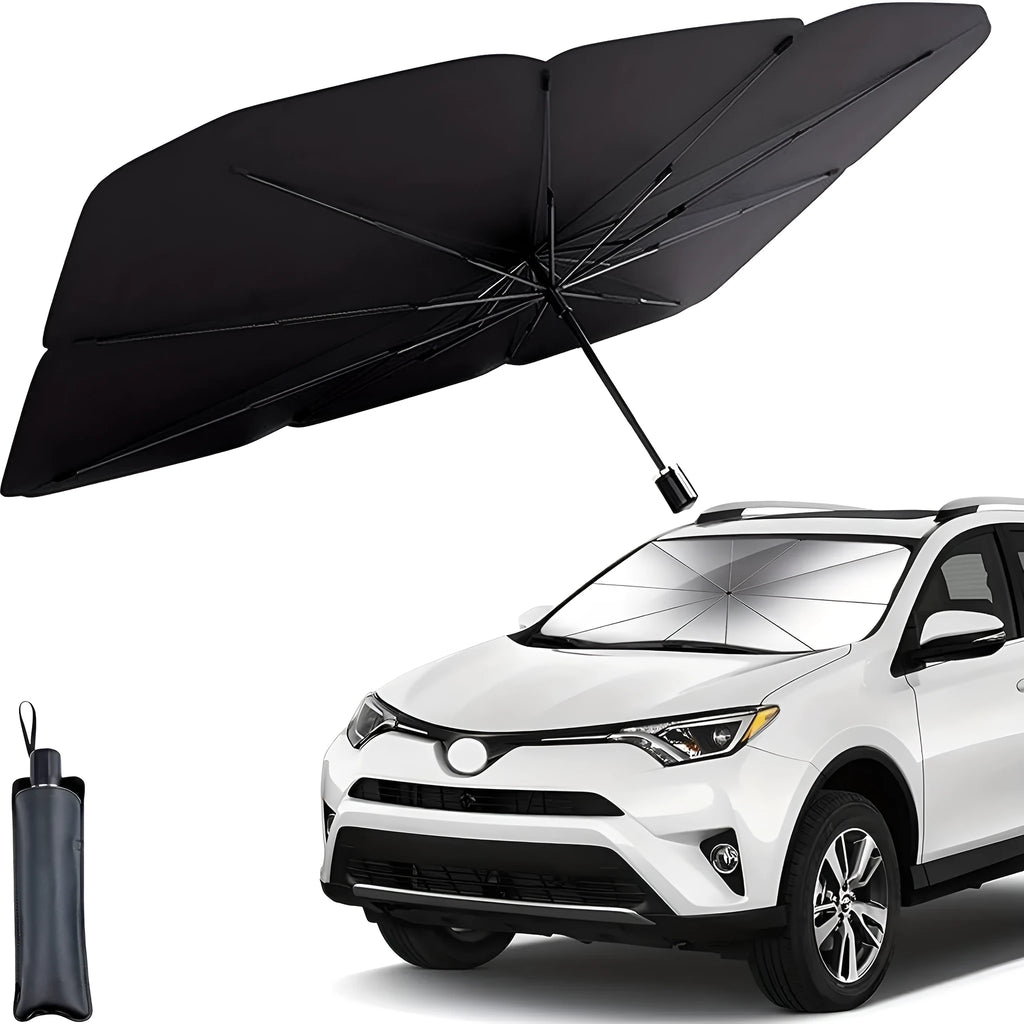 Foldable car windscreen sunshade umbrella open on a vehicle windscreen