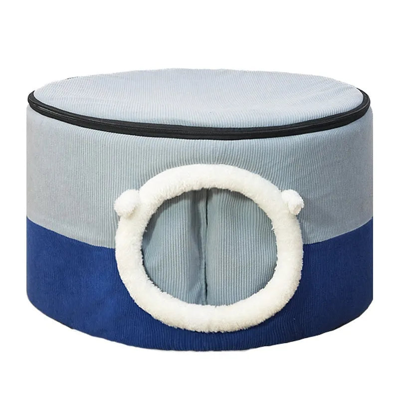 Closed plush cloth cat nest in dark coffee colour with entrance opening, suitable for indoor cats up to 9kg