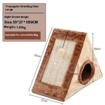 Triangle-shaped grey and white cat nest with integrated sisal scratching post.