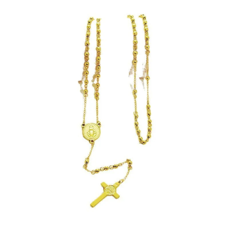 Stainless steel cross pendant necklace sweater chain for women with electroplated finish in gold or steel colour
