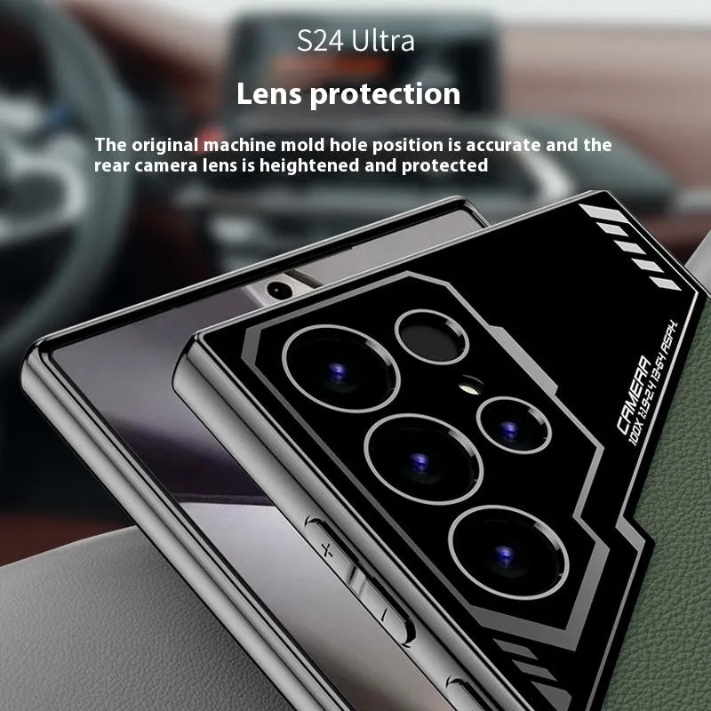Samsung S24 Ultra and S23 Ultra phone case in electroplated TPU with leather-style finish, shown in Carbon Fibre Pattern.