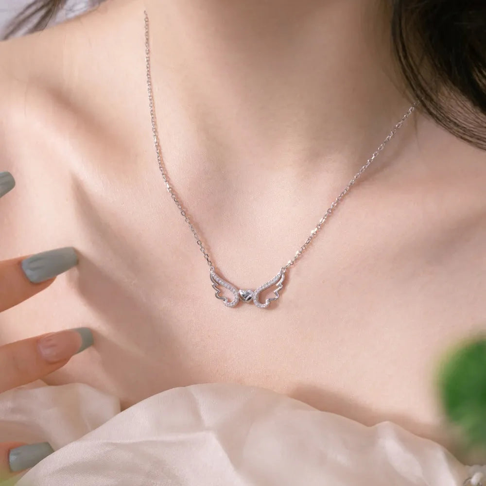 925 silver hollow-out wings love pendant necklace in platinum finish