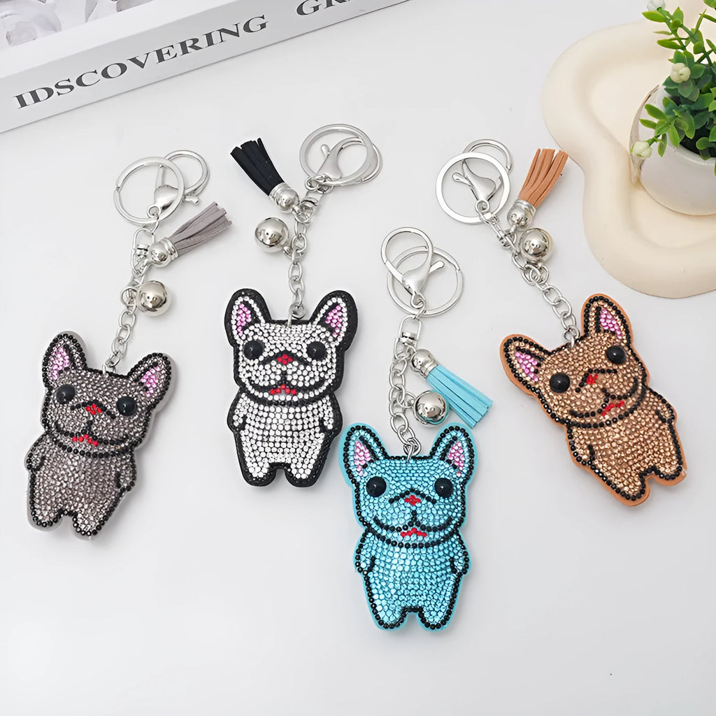 French dog cartoon rhinestone keychain with diamond tassel in alloy, colours white gray caramel lake blue