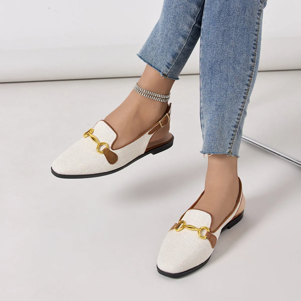 Women's closed toe chunky heel half slippers with linen upper and rubber sole in black and brown sizes 35-41