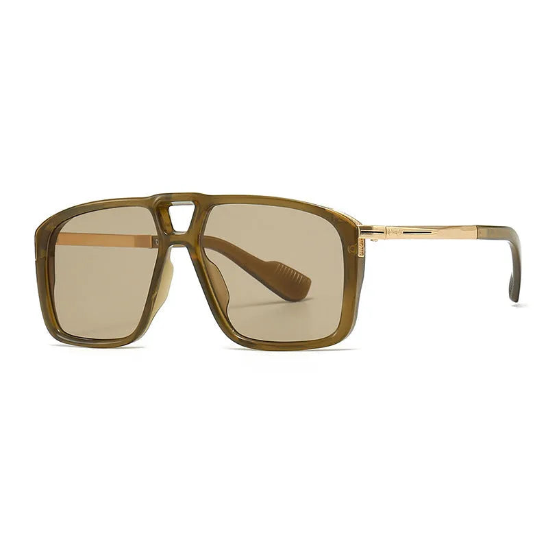 Men's retro double square sunglasses in six colour and style variations on a display.