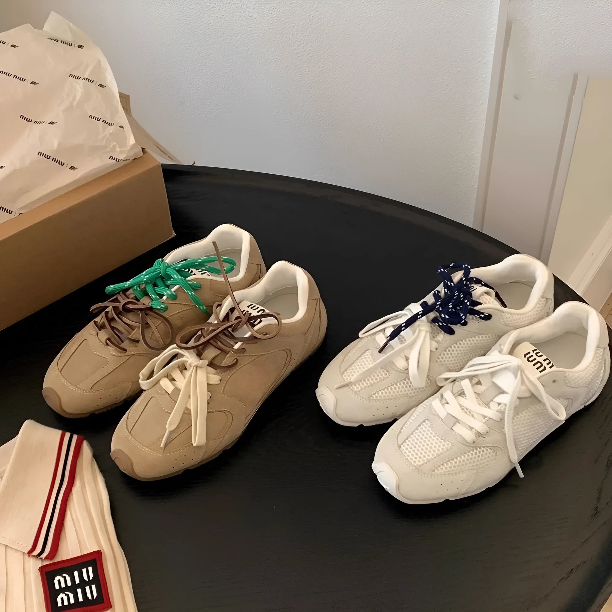 Women's retro training casual shoes in khaki with a flat heel and lace-up front.
