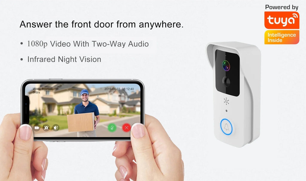 Smart waterproof HD visual doorbell intercom for front door security with rechargeable battery.