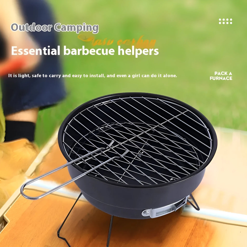 Small round folding charcoal barbecue grill stove with detachable leg and mesh, packed in a carry bag.