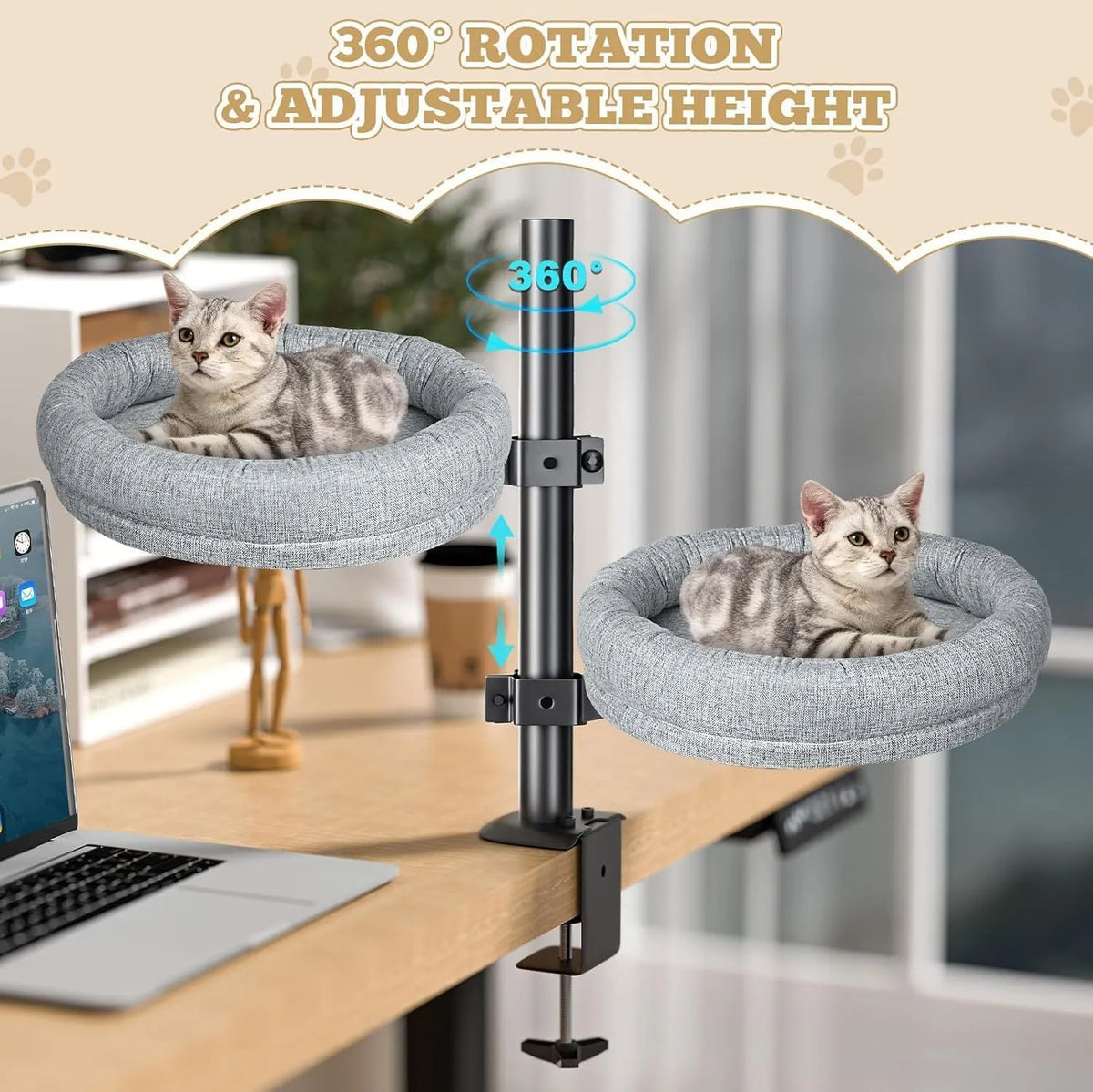 Round cloth cat nest bed in grey or brown with rotating base and adjustable height