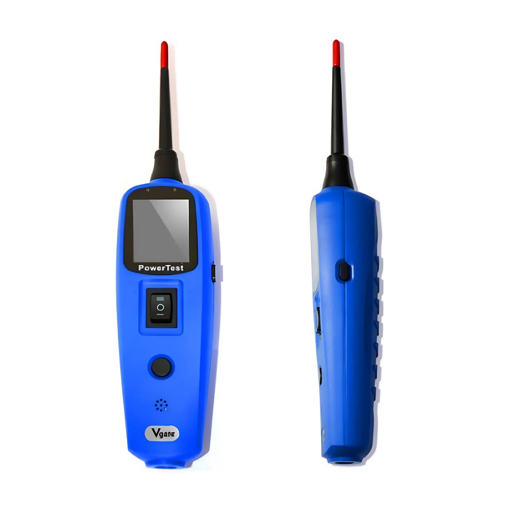 Blue PowerTest PT150 automotive circuit test pen with TFT display, cables, and rugged case for vehicle diagnostics.