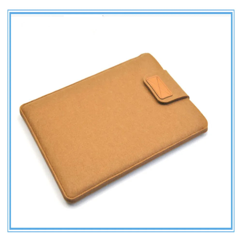 Khaki felt laptop bag showing clamshell design with interior device protection