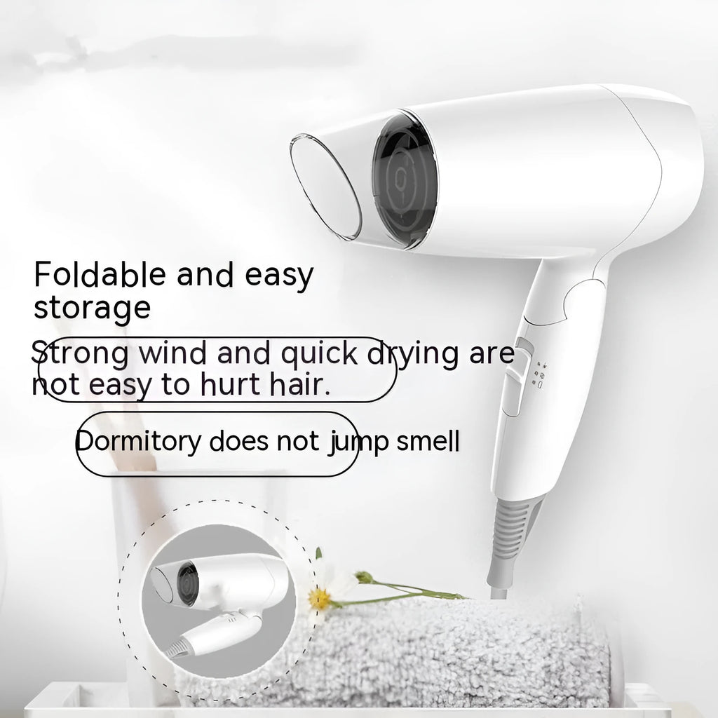 Portable Moon White hair dryer with 1400W rated power, 150cm cord, and national standard plug for household and travel use.