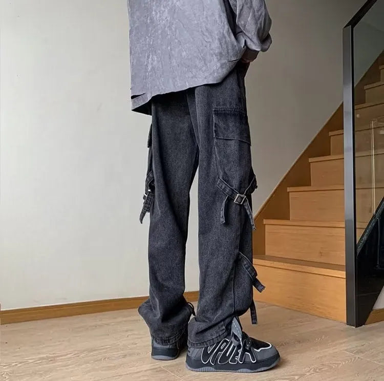 Men's loose-fit black jeans with zip and lace-up front, mid waist and long pant length