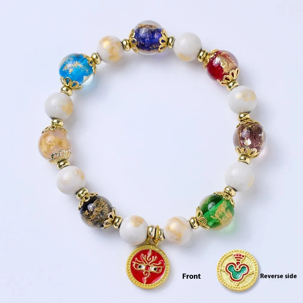 Handmade glazed bracelet with Five Gods of Wealth charm and 10mm geometric beads.