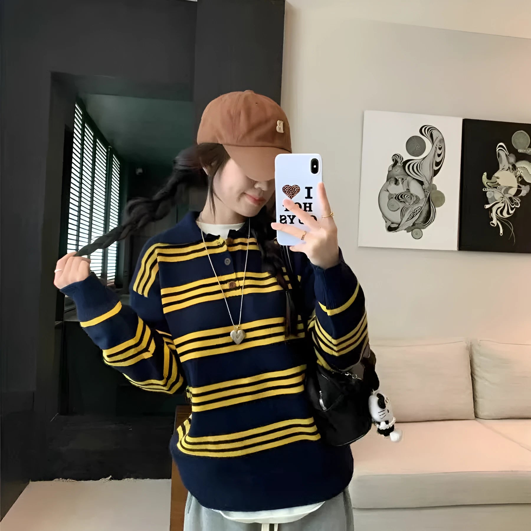 Loose-fit yellow striped polyester pullover sweater for women, average size 40-70kg