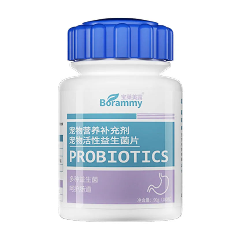 Bottle of 180 pet probiotic tablets for cats and dogs digestive care supplement