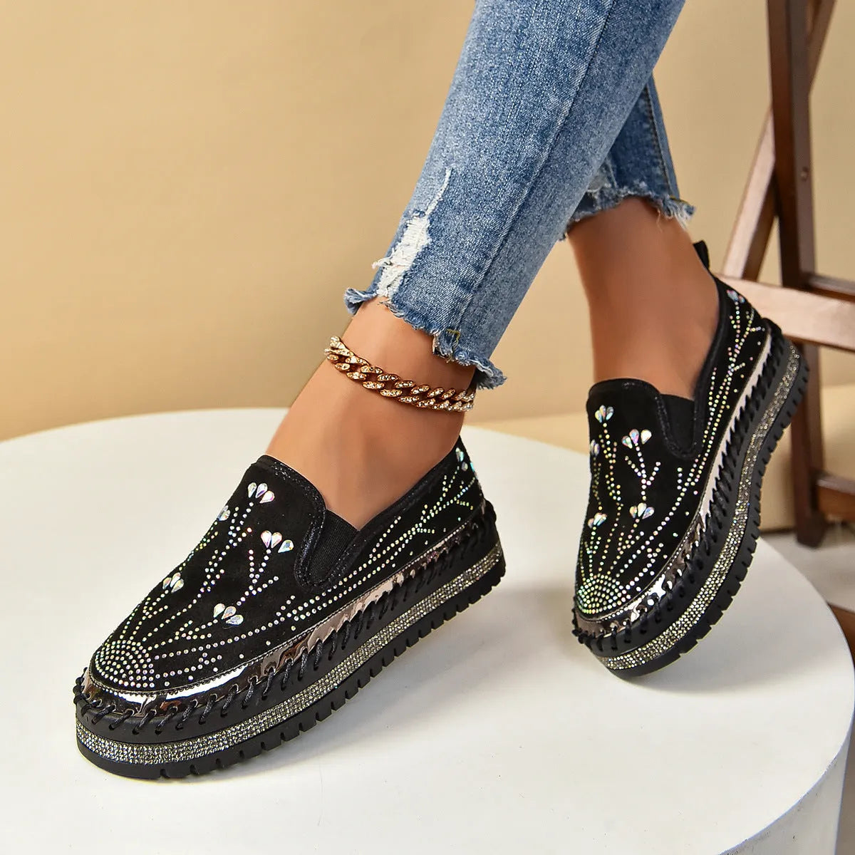 Casual slip-on sneakers with rhinestone platform thick bottom suede upper round toe mid heel