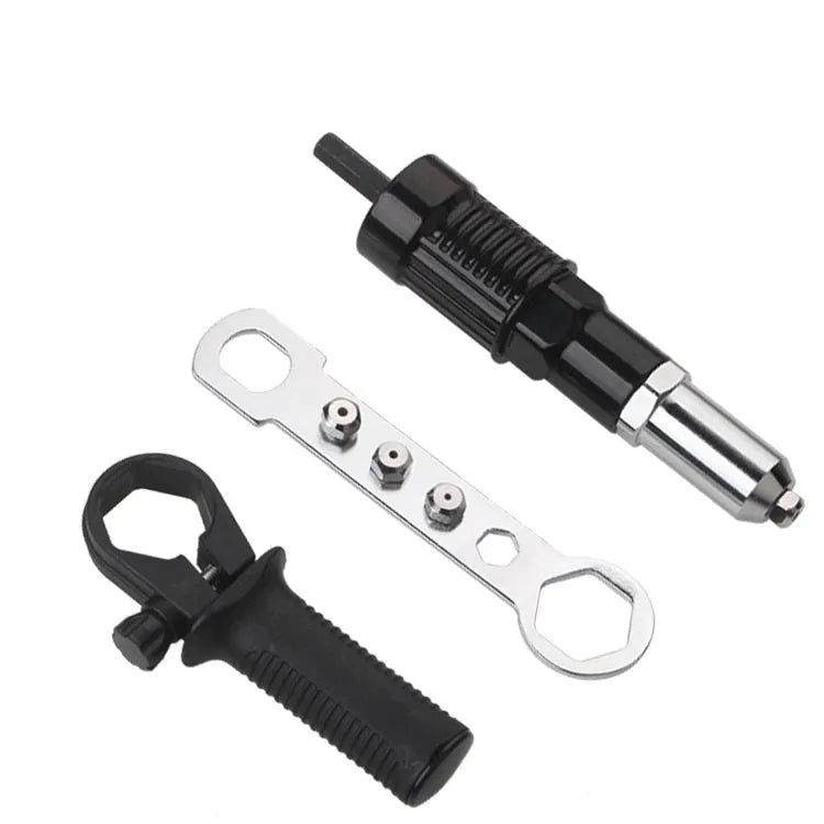 Black metal electric drill rivet gun with alloy steel forged head, 173mm long, shown with handle, wrench, and rivet heads.