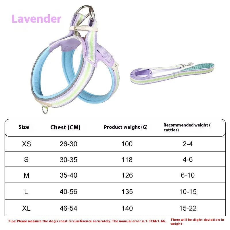 Lightweight dog harness and 1.4-metre walking rope set in various colours on a size chart