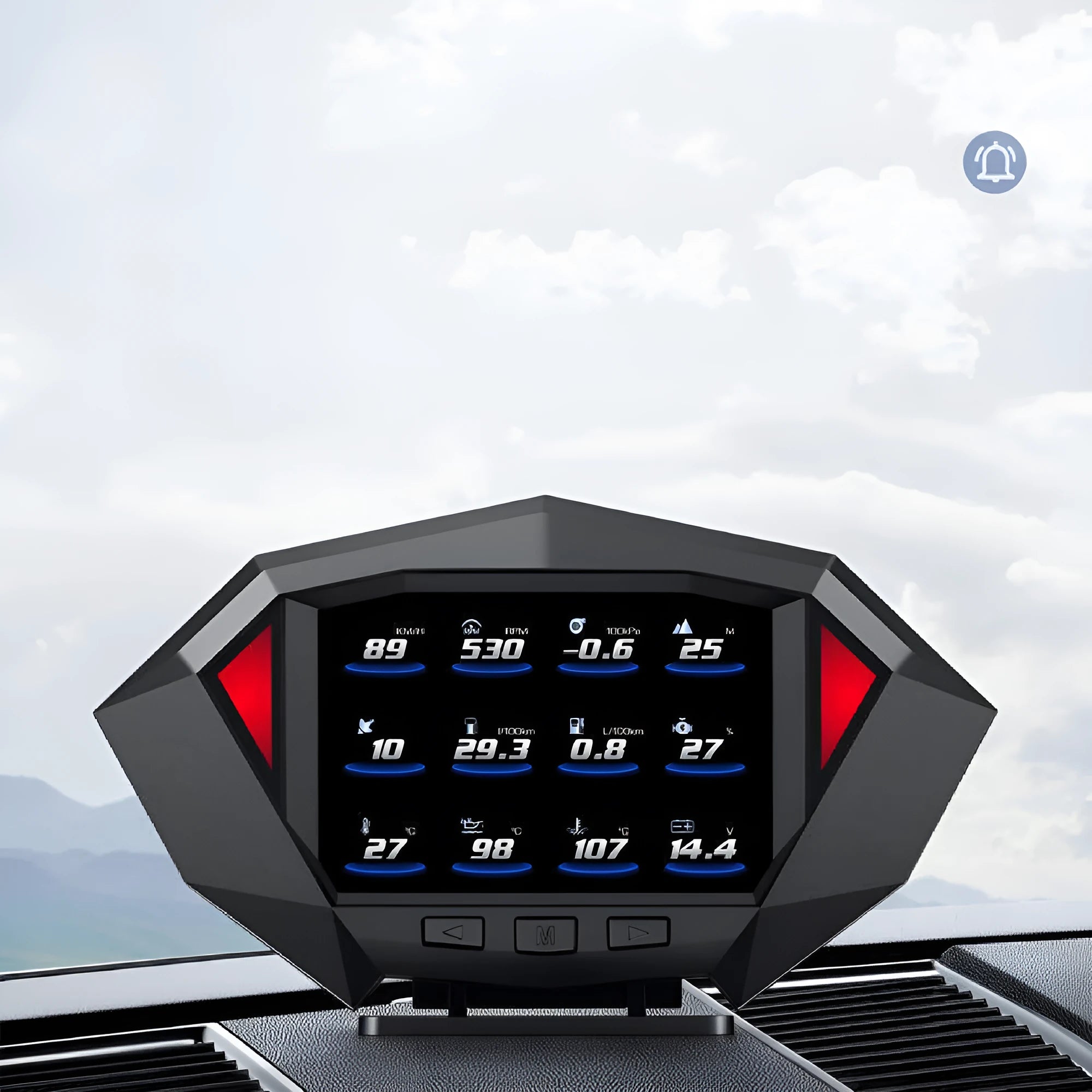 Black vehicle HUD head-up display with LCD screen measuring 147×93×45mm with OBD cable
