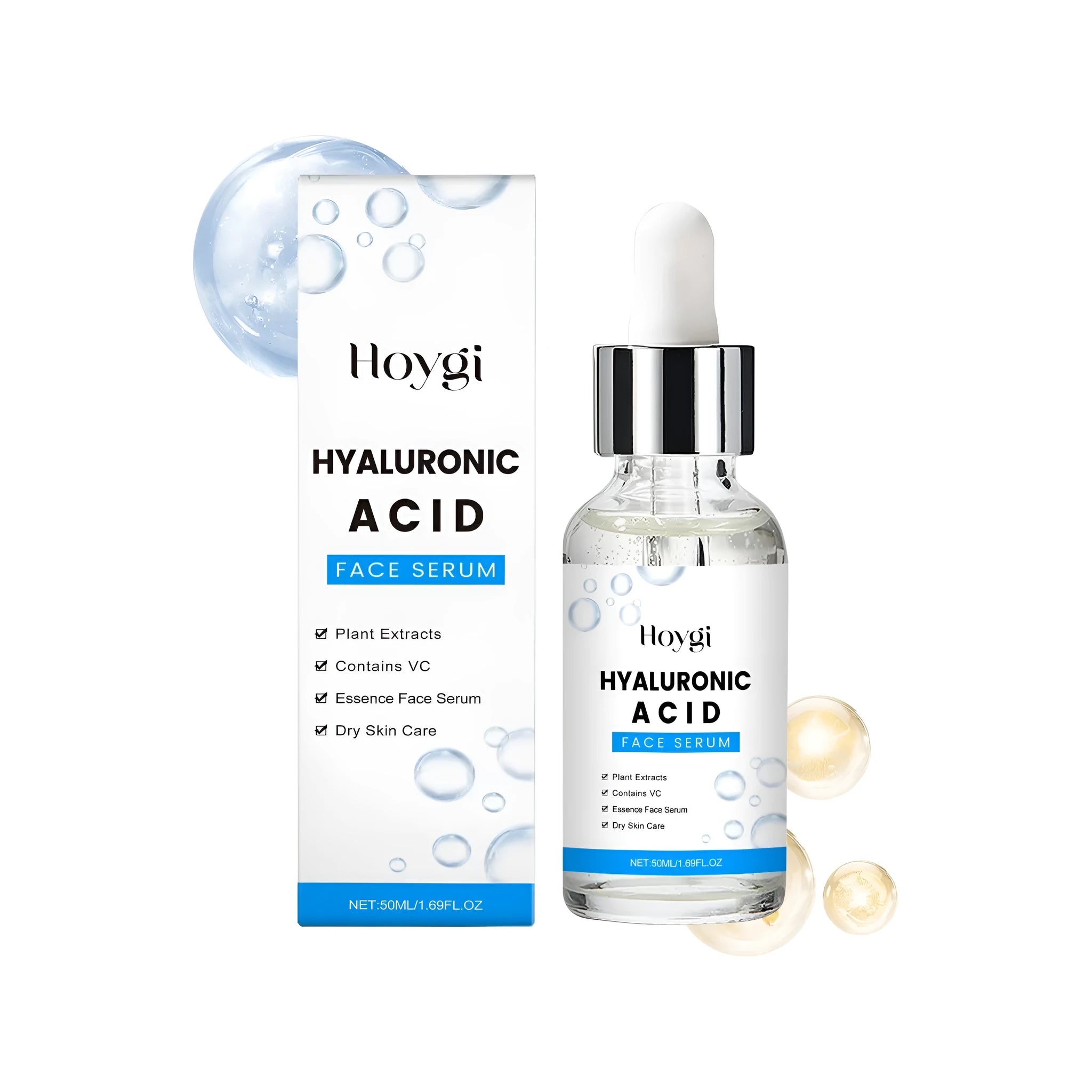 50ml bottle of hyaluronic acid and vitamin C face serum with Centella asiatica extract