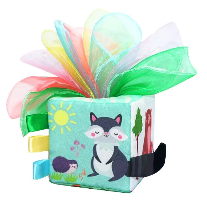 Early education fabric tissue box toy with silk scarves and paper rings for baby sensory play
