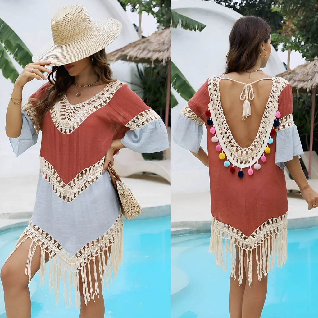 Orange floral pattern beach overskirt with hand crochet stitching and bamboo cotton tassels
