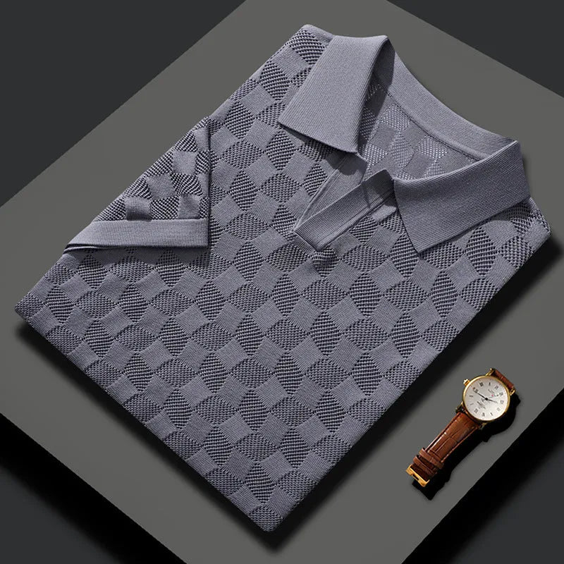 Men's mulberry silk short sleeve lapel sweater in business casual style