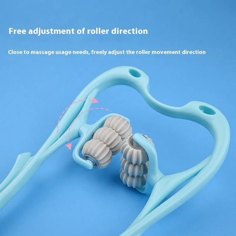 Blue U-shaped electric neck and shoulder massager with six rotating nodes on a table.