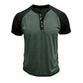 Men's thin cotton blend short sleeve pullover top in a black and khaki colour block with raglan sleeves.