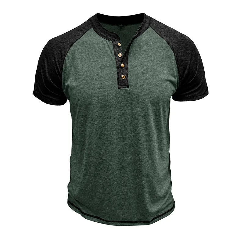 Men's thin cotton blend short sleeve pullover top in a black and khaki colour block with raglan sleeves.