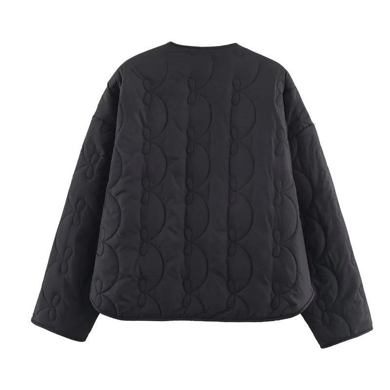 Temperament Women's Bow Quilted Coat in black, medium thickness polyester straight cut regular sleeves