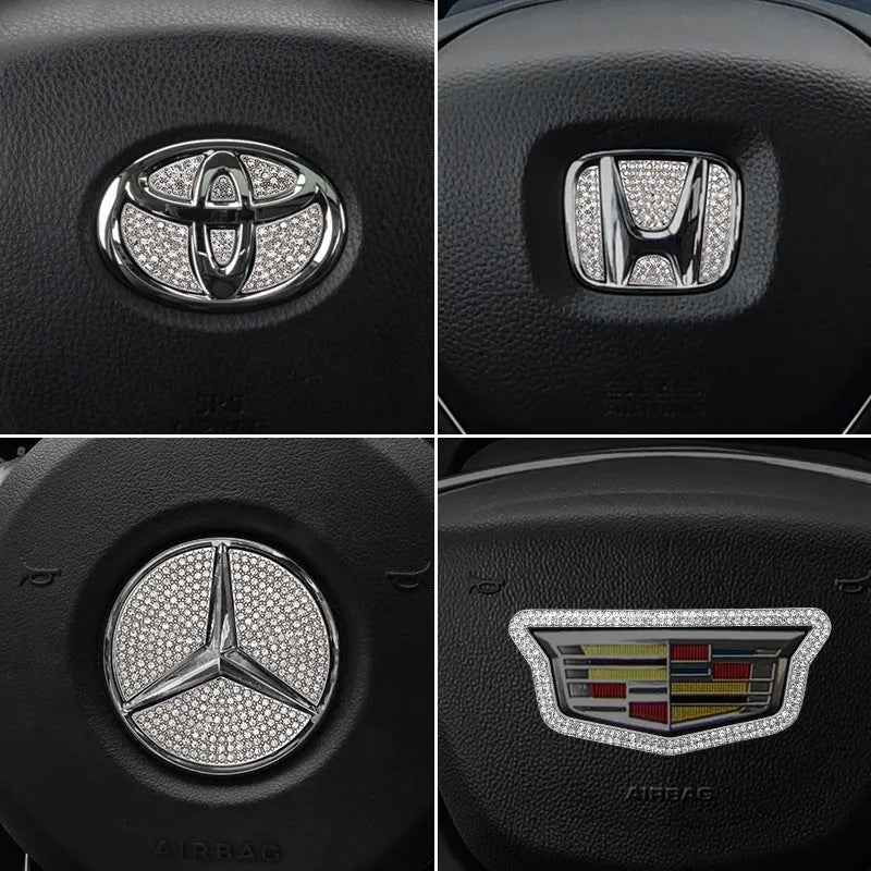 Zinc alloy diamond pattern decorative sticker for a Toyota car steering wheel.