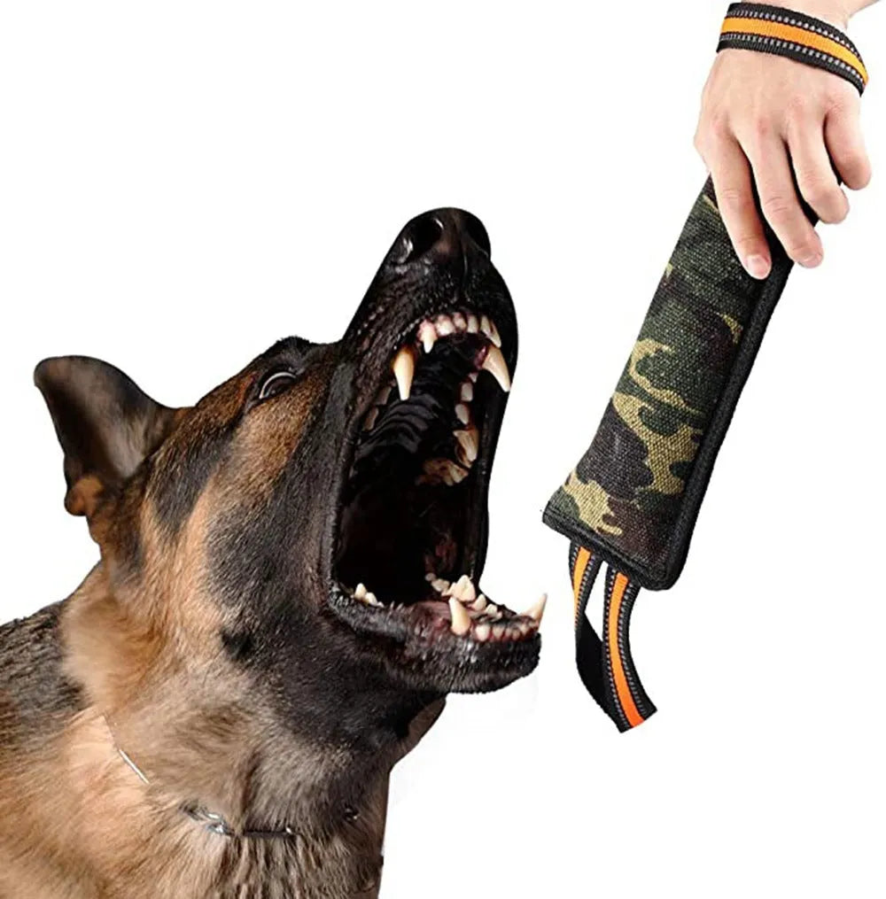 Long yellow-edged jute dog bite stick with reflective strips for tug training.