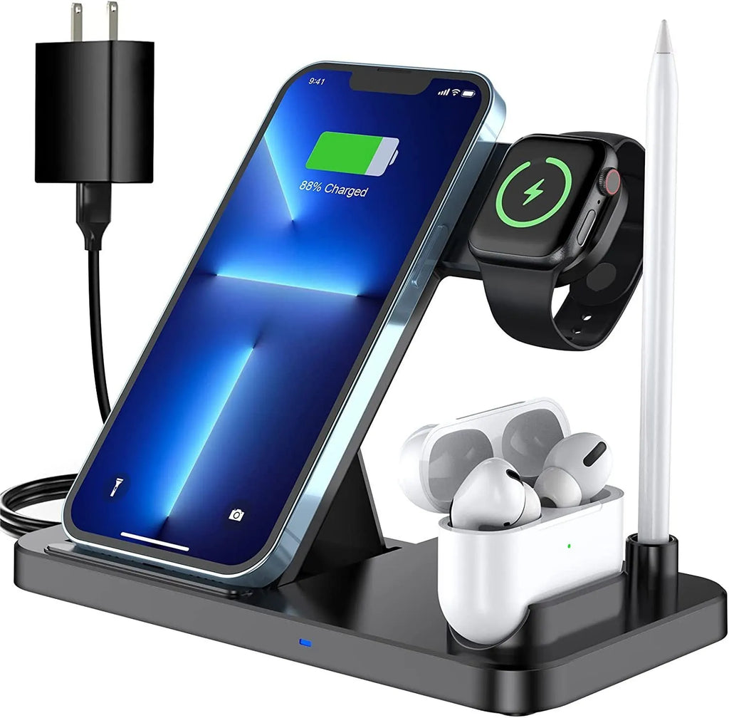 Black four-in-one wireless phone charger with QC3.0 fast charging head on desk