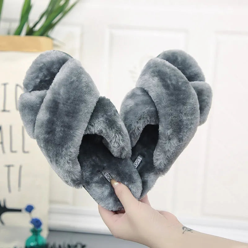 Cross open-toe fur slippers in multiple colours showing the personalised toe design and non-slip patterned sole.
