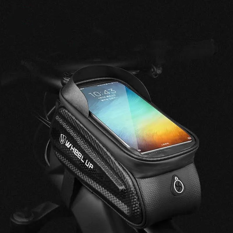 Black grey bicycle phone bag with reflective straps mounted on bike frame