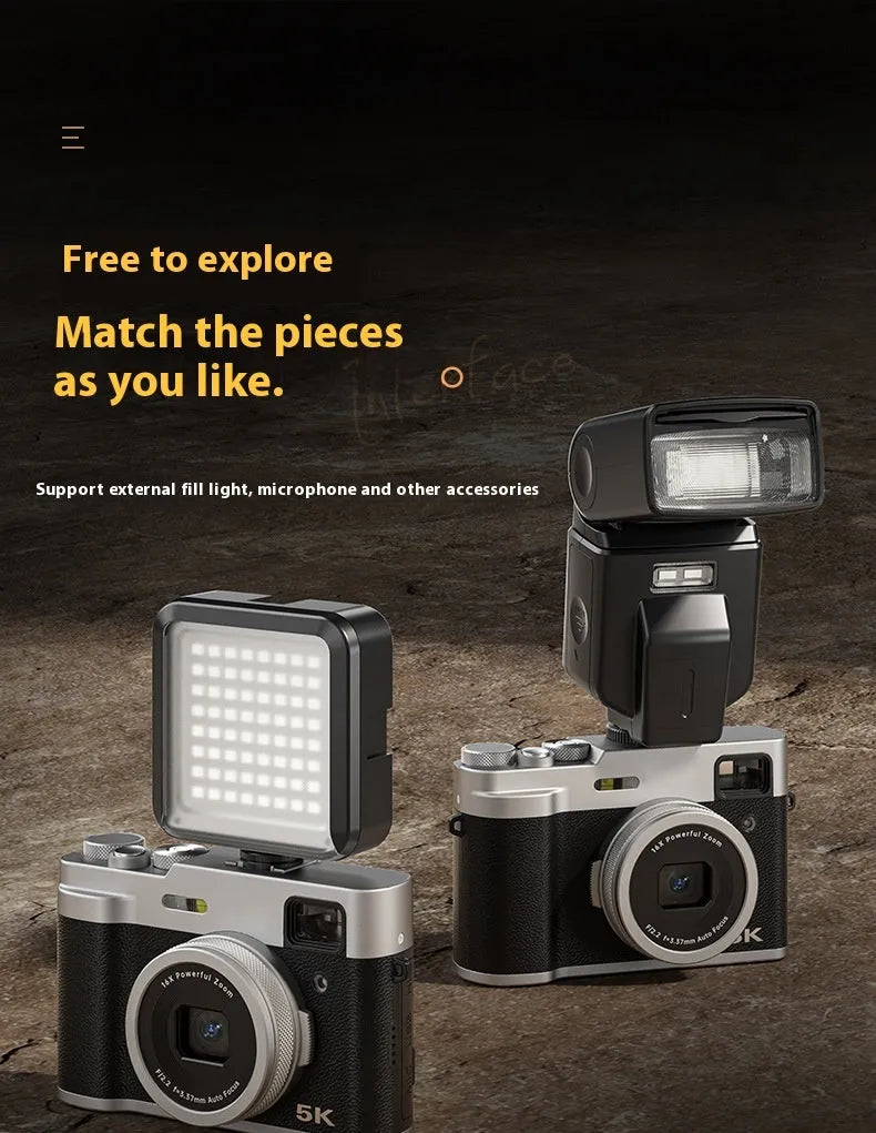 5K HD digital camera with dual cameras and optical viewfinder in black or brown colour