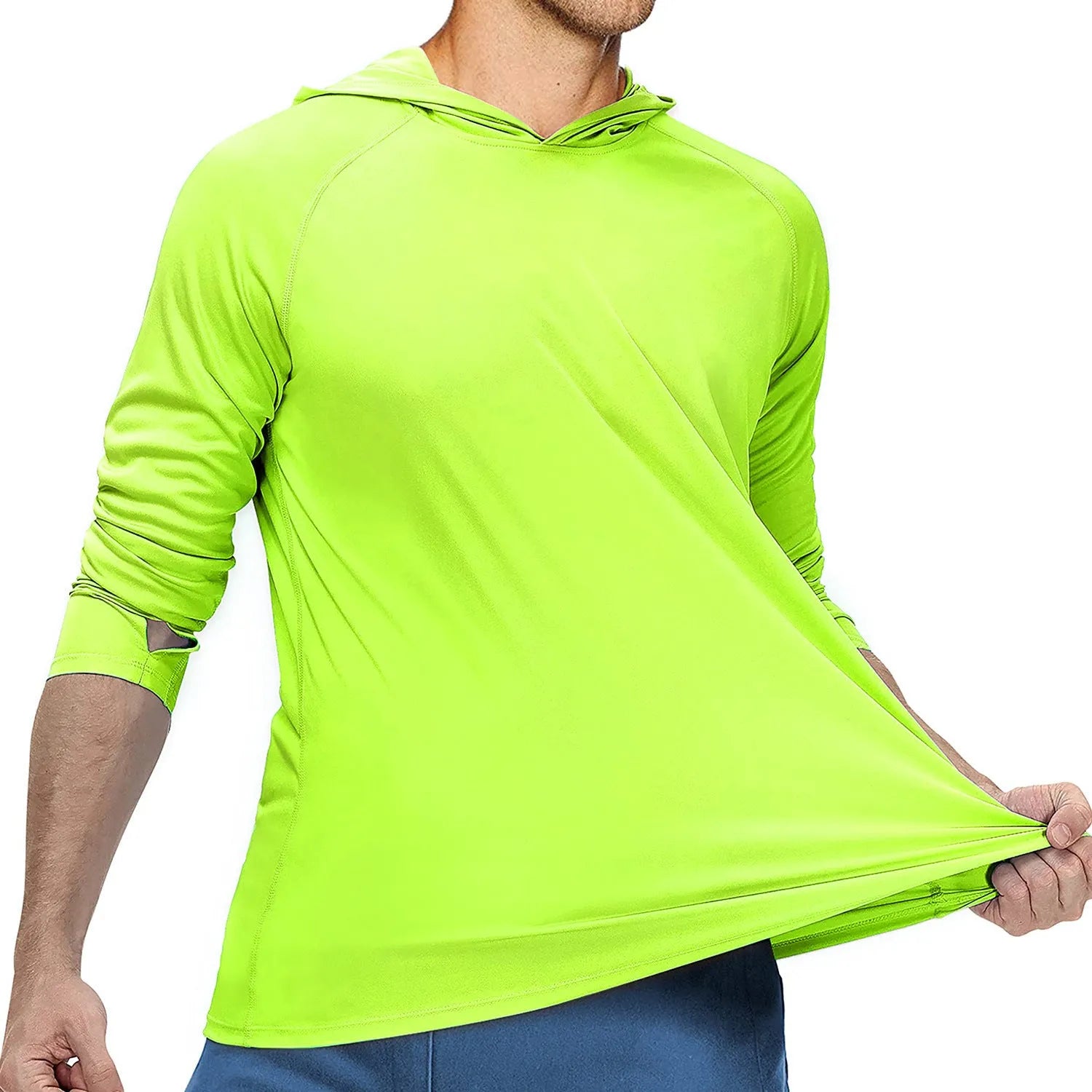 Man wearing a slim-fit hooded sun protection suit in Army Green colour for outdoor fishing or hiking.
