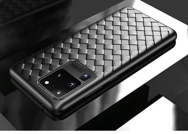 Woven pure colour TPU back cover case for Samsung Galaxy S20 and Note 10 phones in black, blue, green, grey, or red.