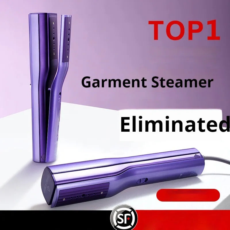 Handheld garment steamer with plastic housing showing steam control buttons and UK plug