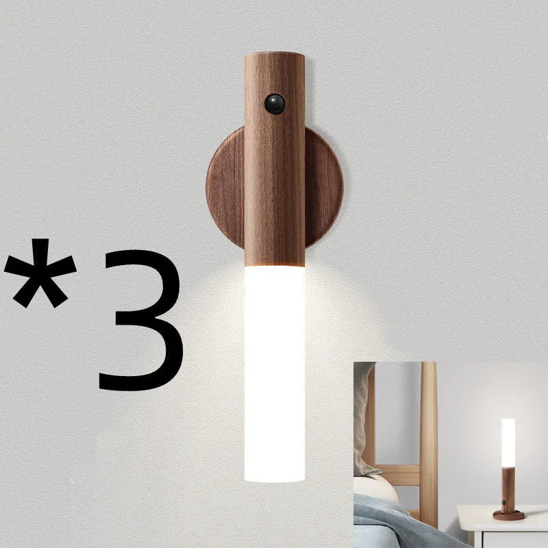 Smart sensor LED desk lamp with solid wood base and motion detection feature