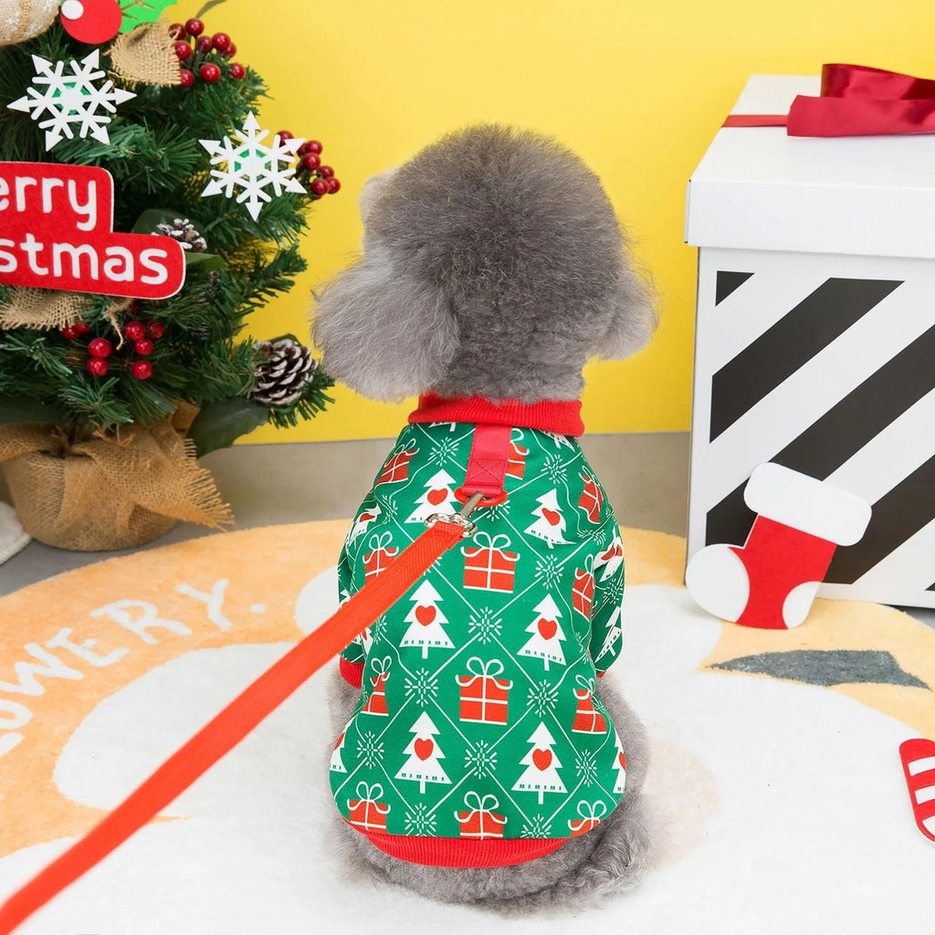 Green dog Christmas jumper with festive tree design, showing hoodie style and polyester fabric texture