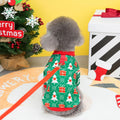 Green dog Christmas jumper with festive tree design, showing hoodie style and polyester fabric texture
