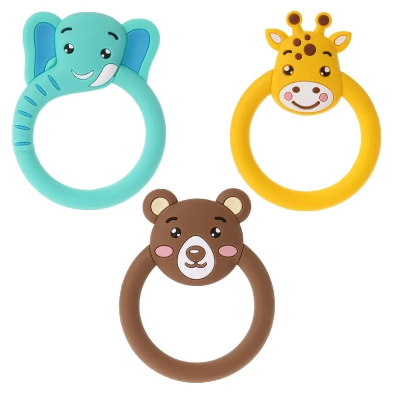 Three baby molar silicone teethers in brown, blue, and yellow on a white background